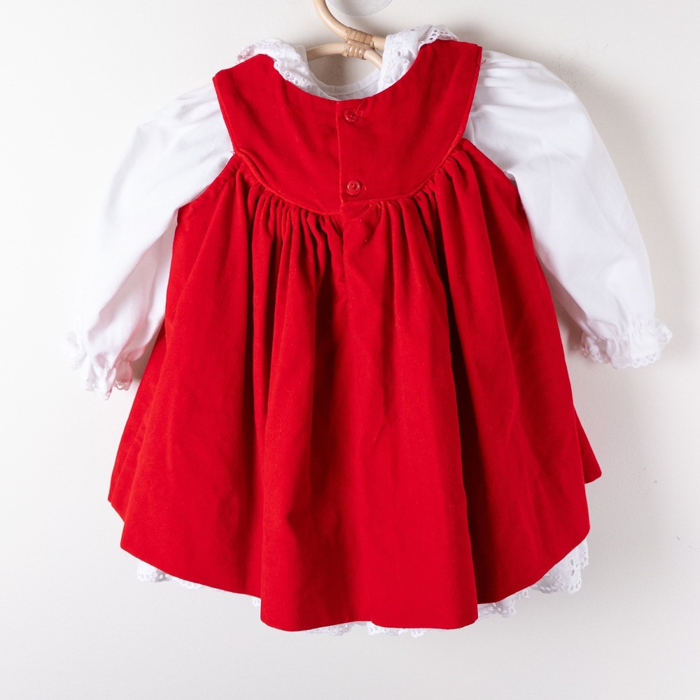Vintage 90s Baby Togs 2pc Dress Set Red White Velvet Floral Eyelet Lace Baby 18M - Picture 3 of 13